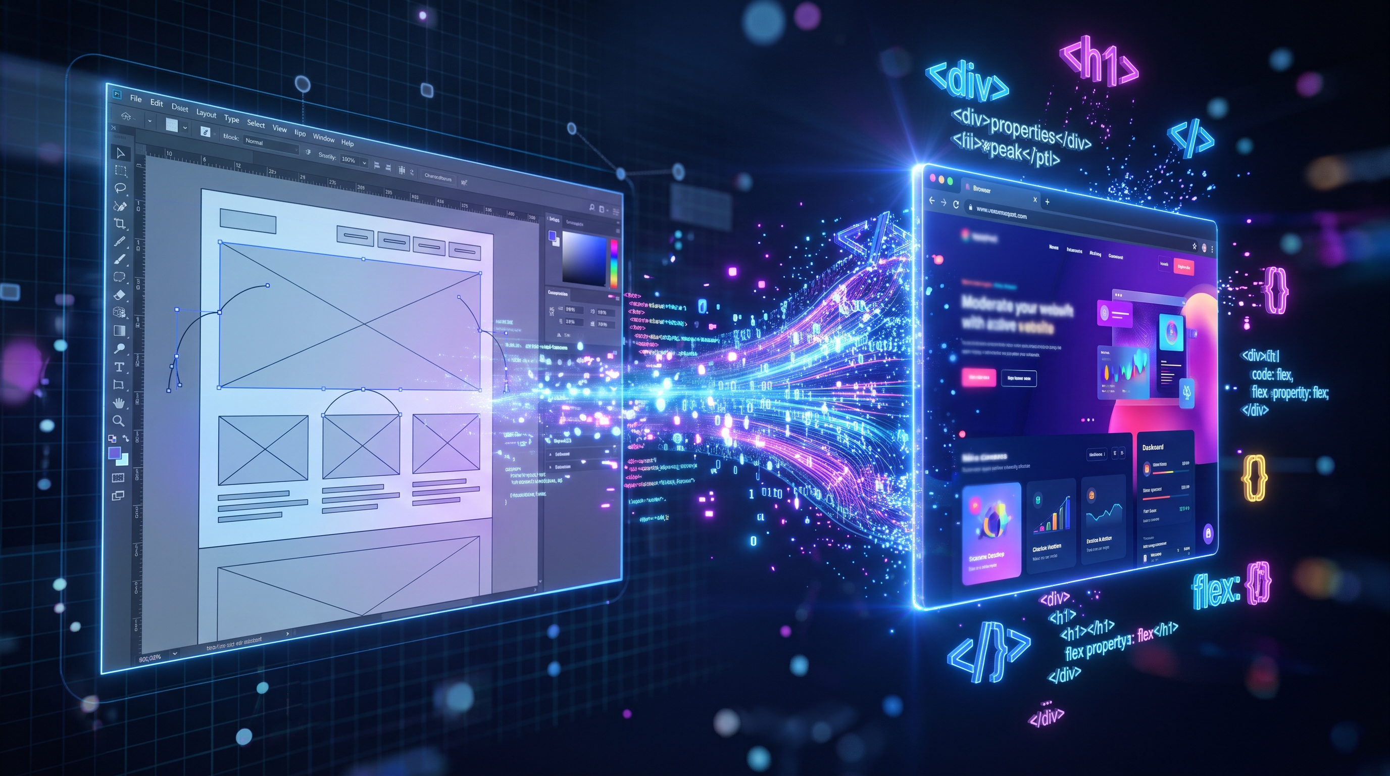 Visual representation of Sketch layers transforming into production frontend code